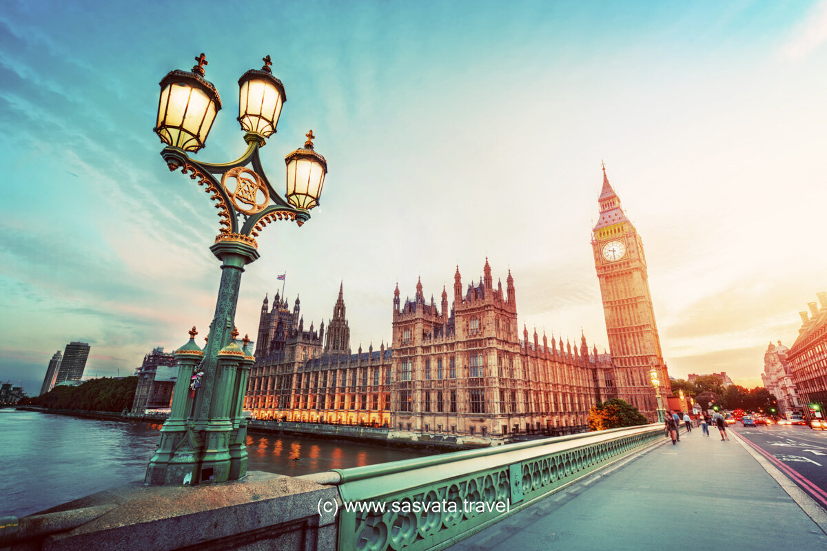 Big Ben seen at sunset from Westminster Bridge, London, the UK