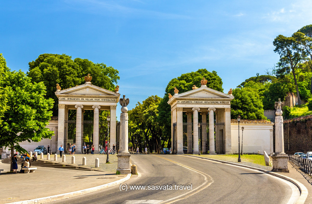 Monumental entrance to the Villa Borghese in Rome, Italy