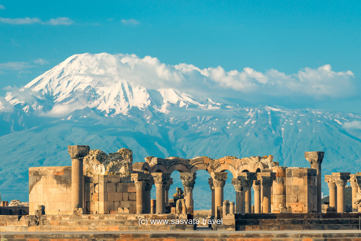 Mount Ararat and view of the ruins of Zvartnots temple, Armenia